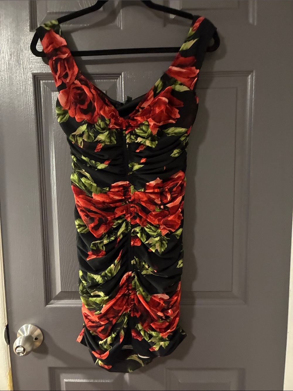 Fashion Nova Black Ruched Mini Dress with Red Rose & Green Leaf Print